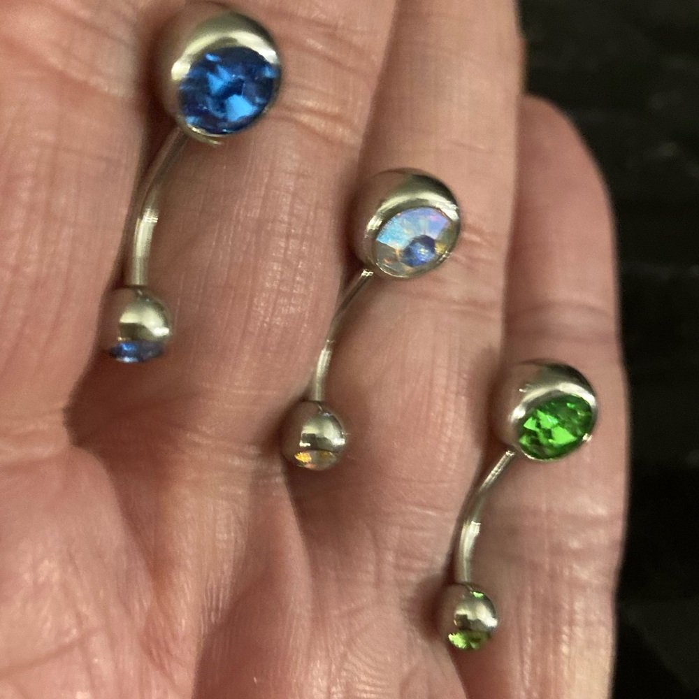 Belly Rings- 3 Stainless Steel Naval Rings Blue, Green,white,Stones  Belly Ring